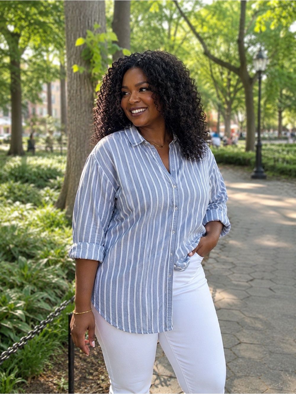 Nicole Miller Blue and White Striped Button-Down Shirt, 1X